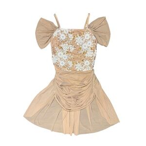 Glamour Dancewear | Tan Lyrical Dance Costume Dress with Floral Accent, Size SA